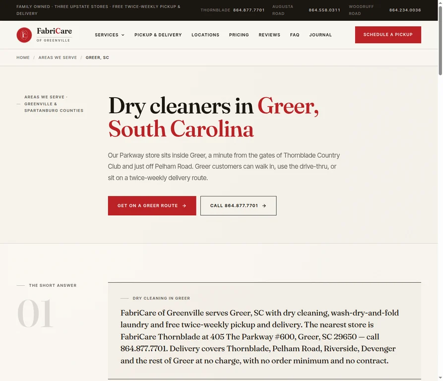 The Greer city page: a headline reading Dry cleaners in Greer, South Carolina above a short-answer block naming the nearest store, its street address and its phone number