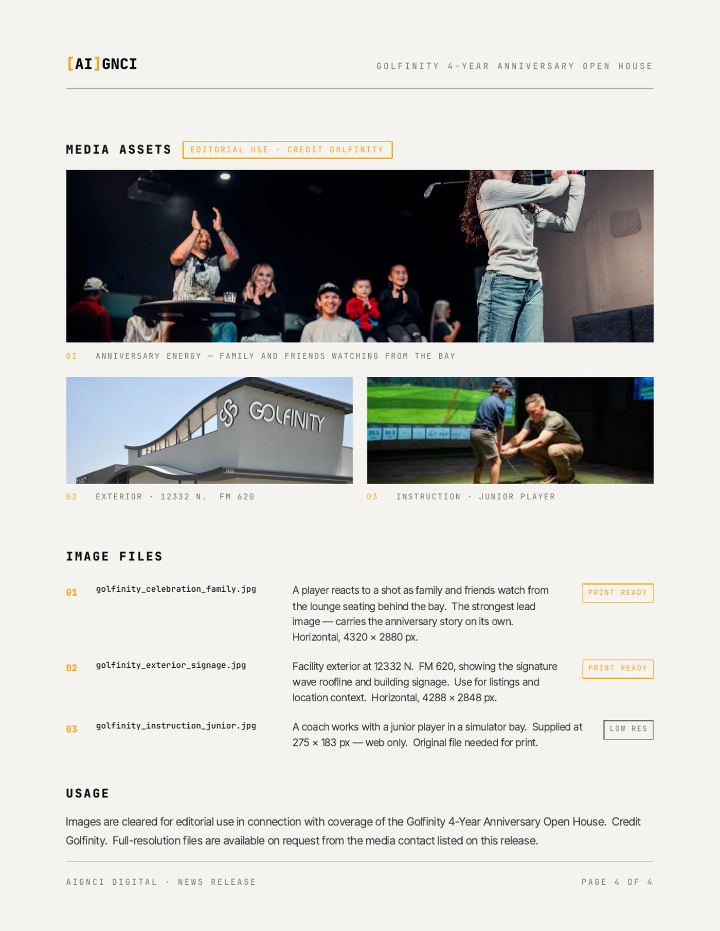 The media assets page of the Golfinity anniversary release produced by AIGNCI Digital: three credited photographs above a manifest listing filename, pixel dimensions, editorial clearance and print-readiness per file