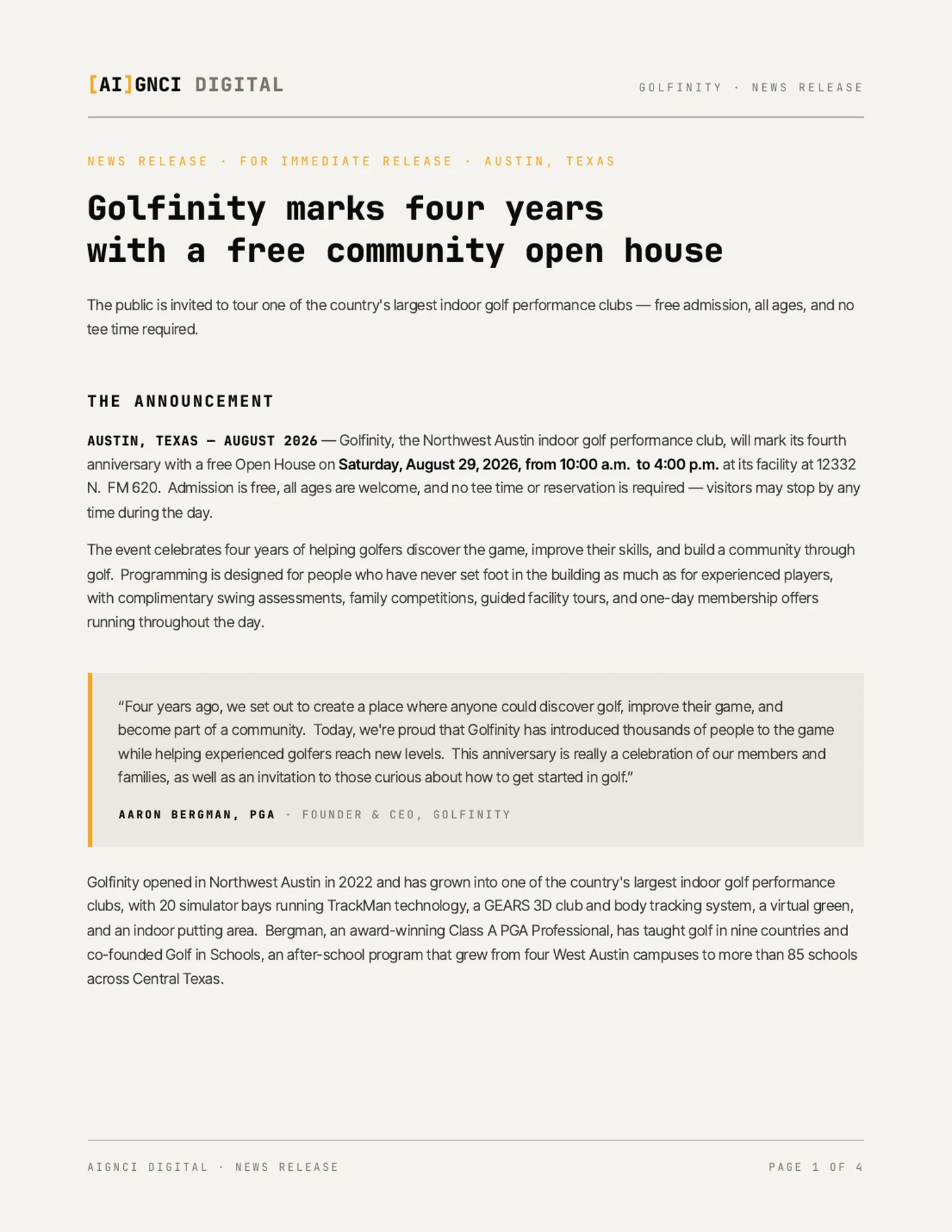 Page one of the Golfinity anniversary news release: headline reading Golfinity marks four years with a free community open house, a dateline, the announcement paragraph with date, hours and street address, and a quote attributed to Aaron Bergman, PGA, Founder and CEO