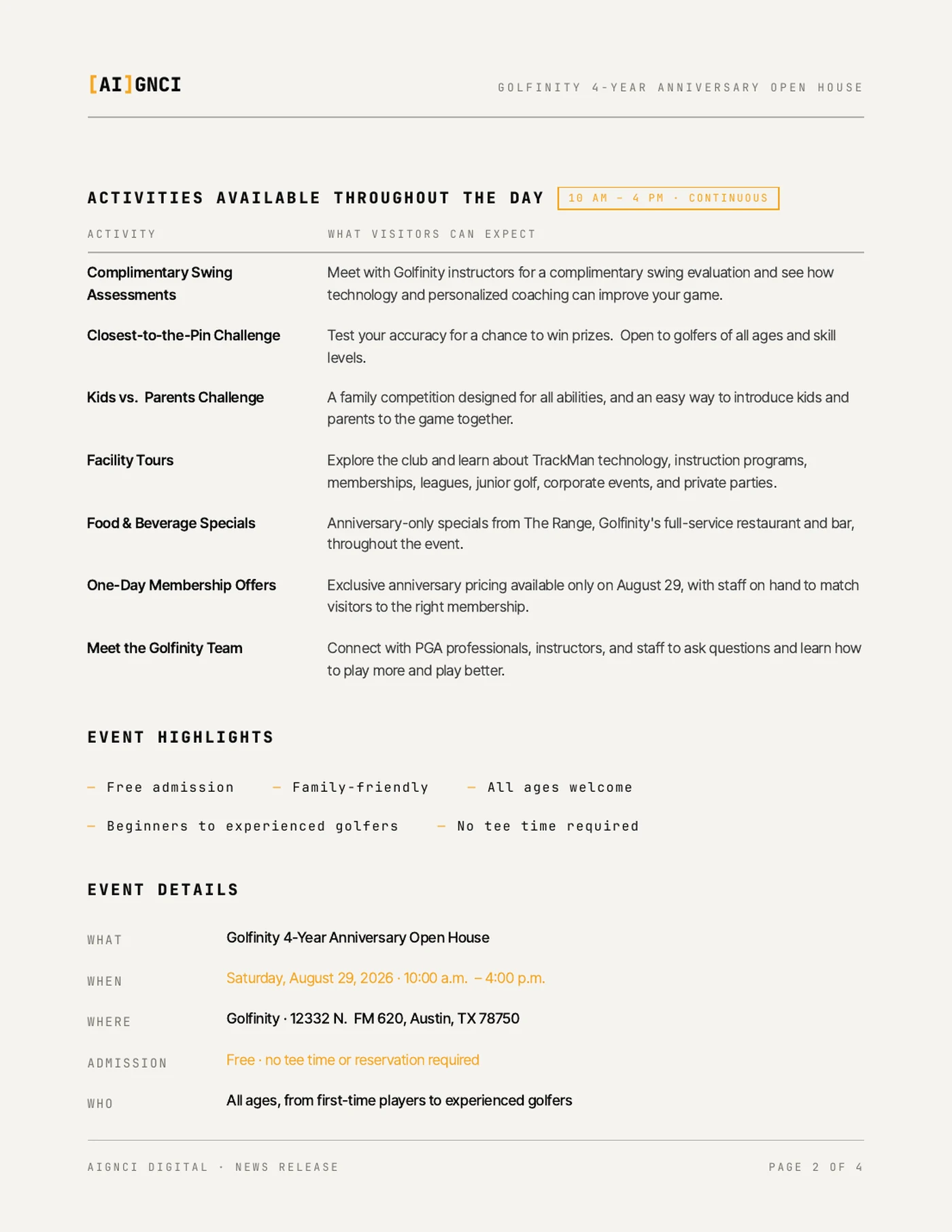 Page two of the Golfinity release: a seven-row activity table, an event highlights list, and an event details block stating what, when, where, admission and who