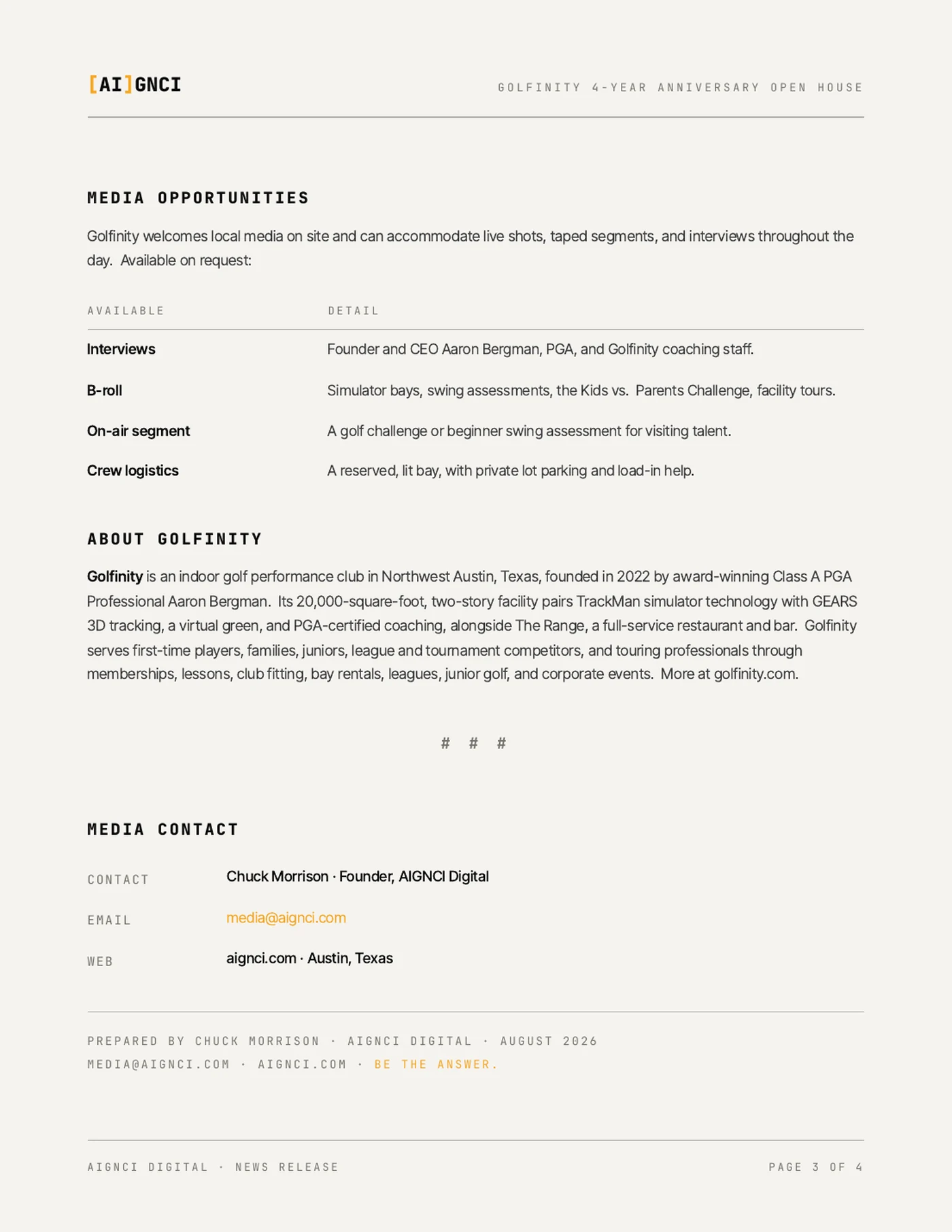 Page three of the Golfinity release: a media opportunities table listing interviews, B-roll, an on-air segment and crew logistics, followed by the About Golfinity boilerplate and the media contact