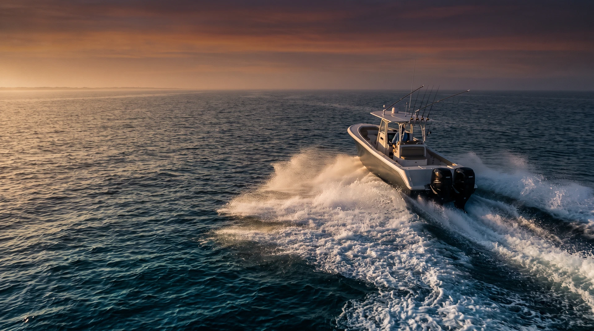 Gulf Synthetics USA website hero featuring a center-console boat running offshore, representing the Gulf Coast equipment focus of the website build